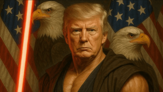 AI image of Donald Trump as a muscular Jedi holding a red lightsaber in front of US flags