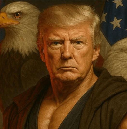 AI image of Donald Trump as a muscular Jedi holding a red lightsaber in front of US flags