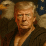 AI image of Donald Trump as a muscular Jedi holding a red lightsaber in front of US flags