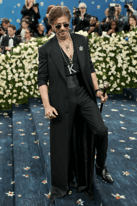 Shah Rukh Khan wearing black Sabyasachi coat at 2025 Met Gala with accessories