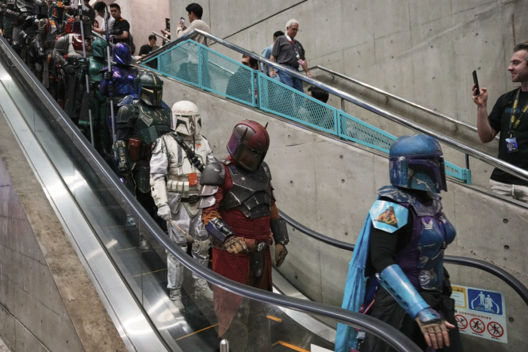 Stormtroopers and fans dressed in Star Wars costumes celebrating May the 4th, also known as Star Wars Day.