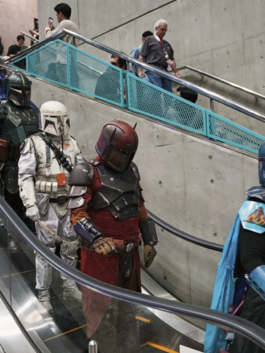 Stormtroopers and fans dressed in Star Wars costumes celebrating May the 4th, also known as Star Wars Day.