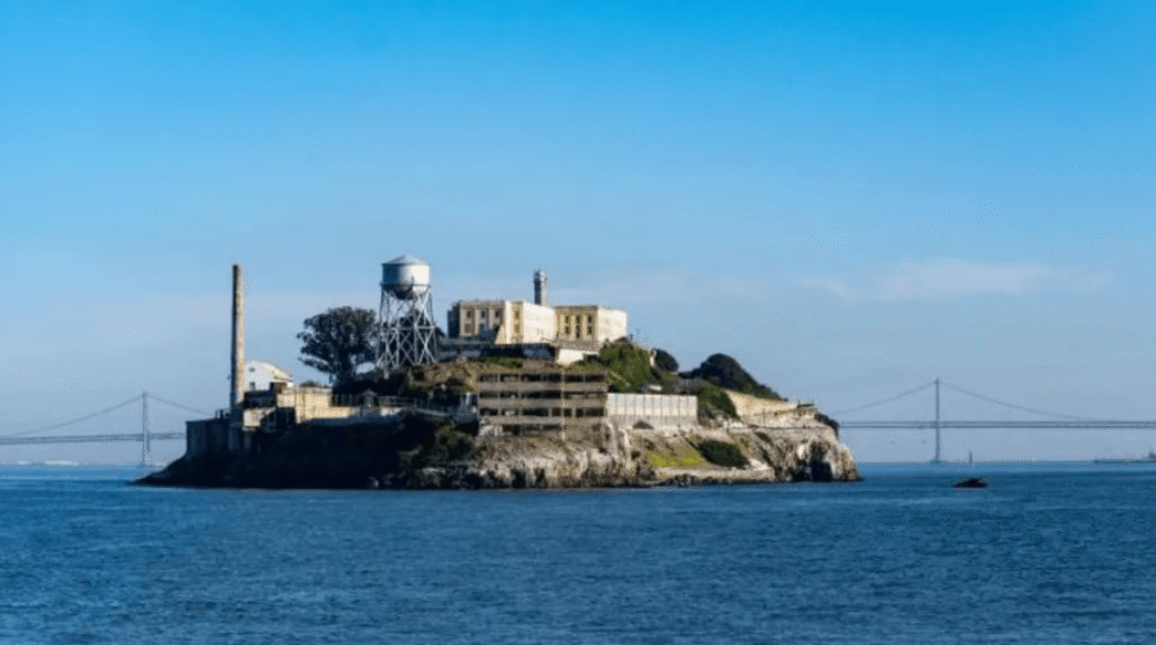 Aerial view of Alcatraz Island with the former prison in San Francisco Bay