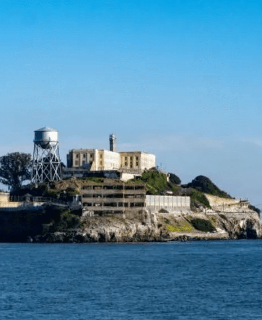 Aerial view of Alcatraz Island with the former prison in San Francisco Bay