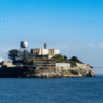 Aerial view of Alcatraz Island with the former prison in San Francisco Bay