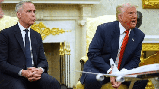 Trump and Canadian PM Mark Carney at a diplomatic event discussing hockey.