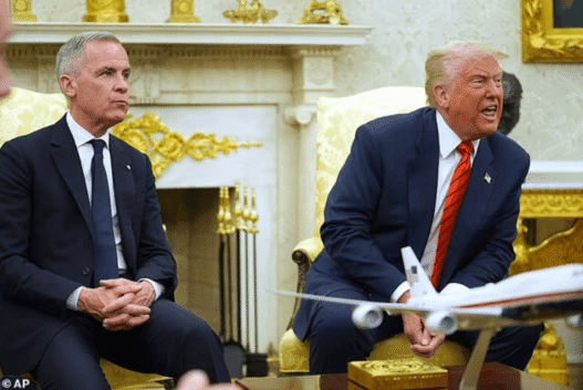 Trump and Canadian PM Mark Carney at a diplomatic event discussing hockey.