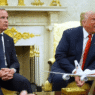Trump and Canadian PM Mark Carney at a diplomatic event discussing hockey.