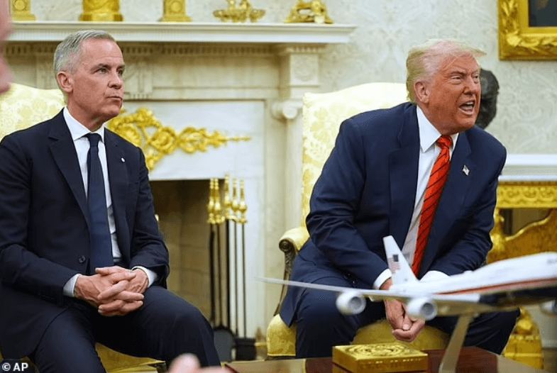 Trump and Canadian PM Mark Carney at a diplomatic event discussing hockey.